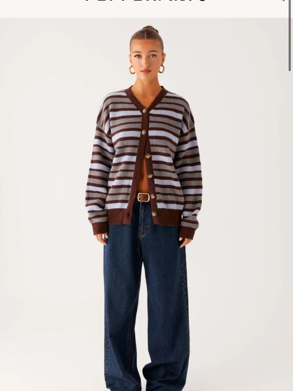 Striped V-Neck Button Cardigan Sweater - Brown & Light Blue